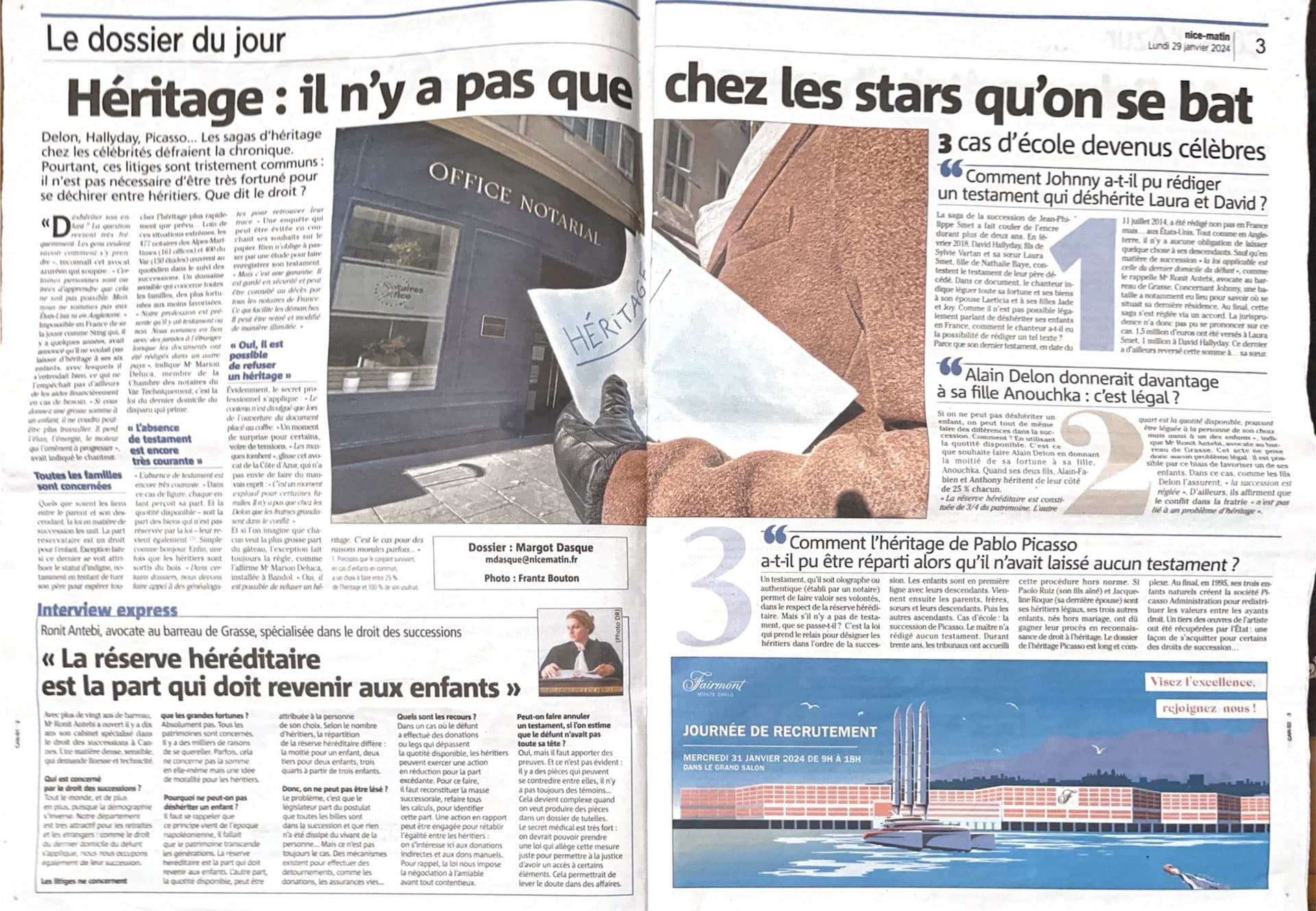 Parution Nice-Matin : Héritage il n'y a pas que chez les stars qu'on se bat - Avocat à Cannes - Maître Antebi