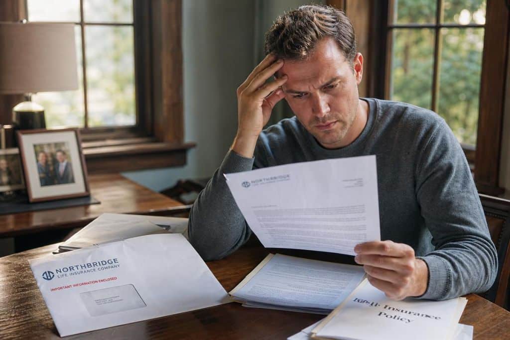 Trouver un avocat en droit des successions A concerned heir sits at a wooden table in a sunlit room, examining a stack of legal documents and an unopened envelope from an insurance co