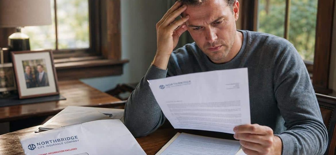 A concerned heir sits at a wooden table in a sunlit room, examining a stack of legal documents and an unopened envelope from an insurance co