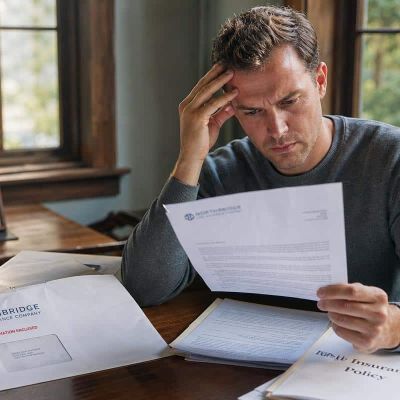 A concerned heir sits at a wooden table in a sunlit room, examining a stack of legal documents and an unopened envelope from an insurance co