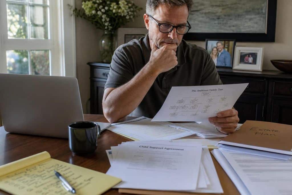 Trouver un avocat en droit des successions A middle-aged man sits at a wooden dining table cluttered with legal documents and a laptop, looking contemplative as he reviews a family tr