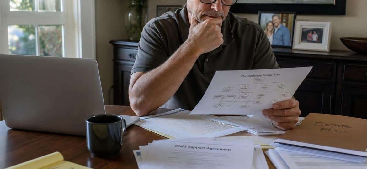 A middle-aged man sits at a wooden dining table cluttered with legal documents and a laptop, looking contemplative as he reviews a family tr