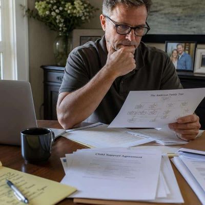 A middle-aged man sits at a wooden dining table cluttered with legal documents and a laptop, looking contemplative as he reviews a family tr